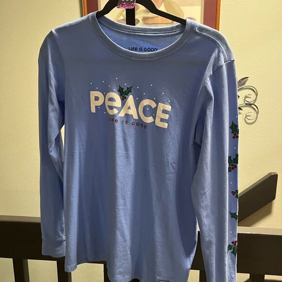 EUC Life is Good Small Blue Long Sleeve Shirt Peace, Holly On Sleeve. #096 - Picture 5 of 5
